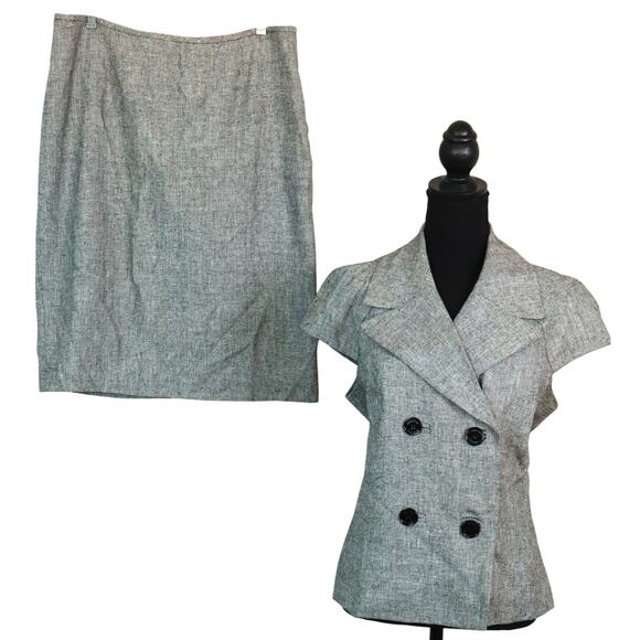 Calvin Klein Gray Skirt Suit LINEN Business Corporate Double Breasted 12 Cap - Picture 1 of 8